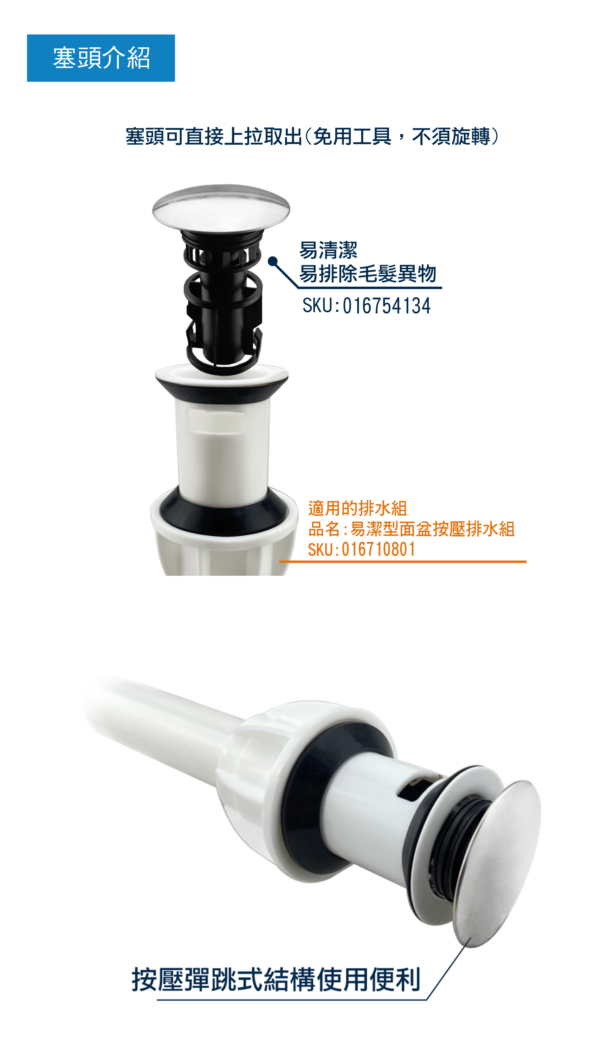 易潔型面盆排水組專用塞頭